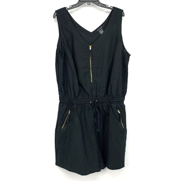 Ashley Stewart Romper Black Ramie Sleeveless Zip V Neck Drawstring - Picture 2 of 9